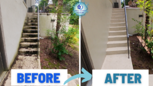 Before and after pressure washing dirty concrete steps